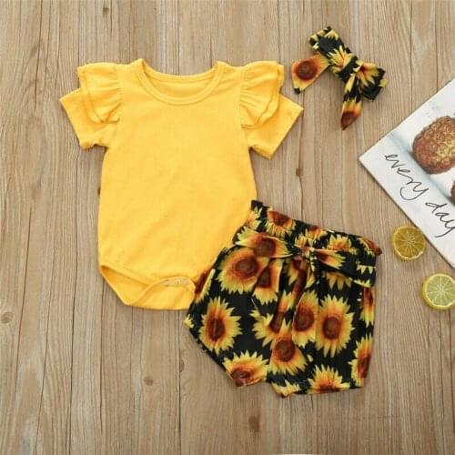2020 New 3Pcs Newborn Baby Girl Clothes Casual Solid Short Sleeve Romper Floral Print Shorts +Headwear Sunflower Summer Outfit