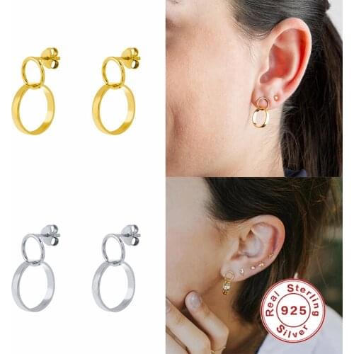 GS 925 Sterling Silver Gold Huggie Earring Loop Two Circle Ring Pendant Drop Earrings For Women Girls Gift Party Fine Jewelry