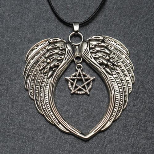Large Guardian Angel Wing Pendant Pentagram Choker Pentacle Necklace Wiccan Choker Angel Wing Necklace Valkyrie Wings