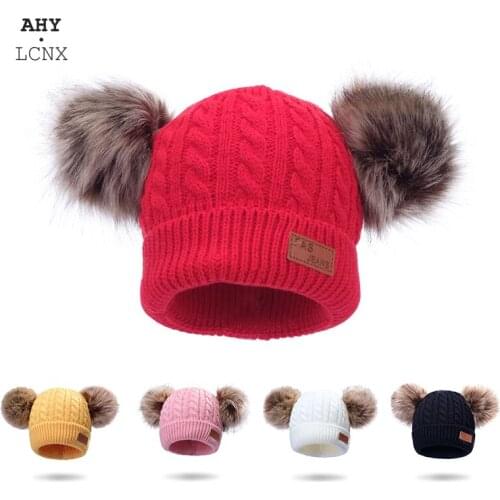 Double Pompom Kids Hat Warm Autumn Winter Children Baby Girl Boy Beanie Hats Knitted Crochet Thick Bonnet Cap Kids Accessories