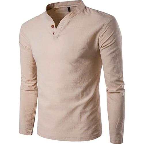 Fashion Mens Summer Cotton Linen Stand-Up Collar Solid Colors Casual Button Long Sleeved Loose T-Shirts Camiseta Hombre#G3