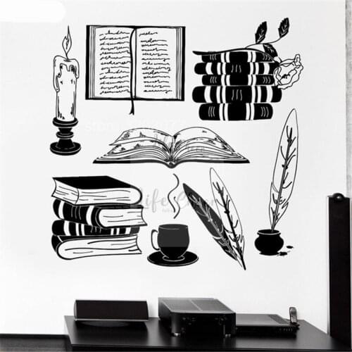 Books Reading Wall Mural Classic Reading Style Wall Art Sticker Study Room Decor Feather Pen Vinyl Wall Decal Book Poster AC055