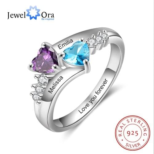 JewelOra 925 Sterling Silver Personalized Mothers Rings with 2 Heart Birthstones Custom Name Promise Ring Wedding Fine Jewelry