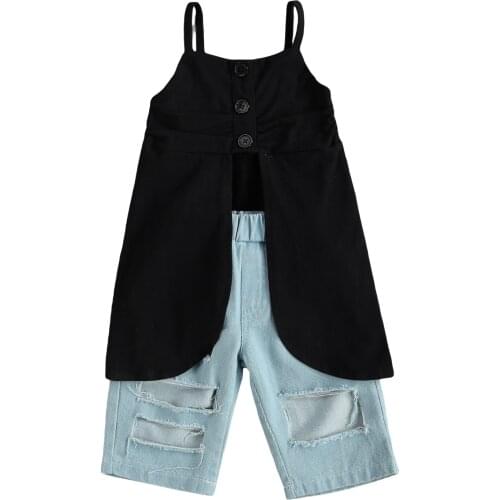 2 Pieces Kids Suit Set, Solid Color U-Neck Sleeveless Long Tops+ High Waist Ripped Jeans for Summer, Black 2-7T
