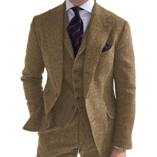 Mens Brown Wool Woker Suit Formal 3 Pieces Slim Fit Shawl Lapel Tweed Prom Tuxedos For Wedding Groomsmen (Blazer+Vest+Pants)