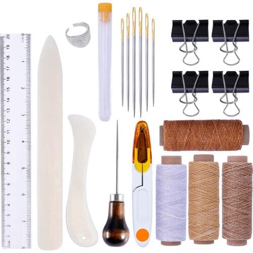 20pcs Bookbinding Leather Stitching Tools Set with Bone Folder Creaser Needles Awl Waxed Thread for DIY Handmade Craft Supplies