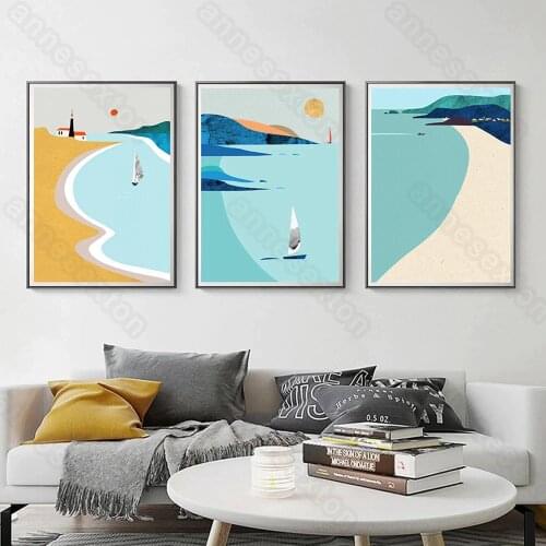 Nordic Style Sailing Boat Nautical Canvas Painting Posters and Prints Rising Sun Seascape for Home Rooms Gallery Wall Decoration