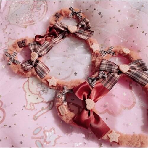 Handmade Lolita Plush Bear Ears Bow Hair Band Girl Cookies KC Cosplay Hair hoop D592