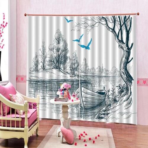 Lake House Curtain Boat On Calm River Trees Birds Twigs Sketch Drawing For Living room bedroom blackout Drapes Deceor
