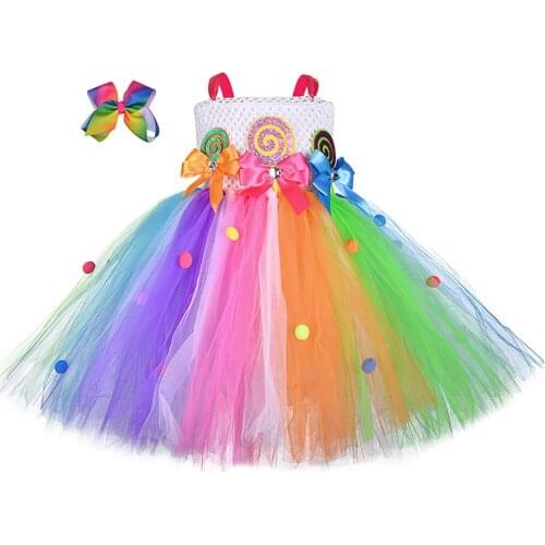Girls Fairy Candy Lollipop Tutu Dress With Hairband Children Kids Rainbow Colorful Sweet Birthday Halloween Holidays Costume