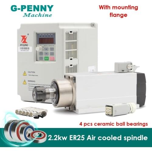 New Product! 220v 2.2kw ER25 air cooled spindle 4 pcs bearings Ceramic ball bearings air cooling wood working & 2.2kw Inverter