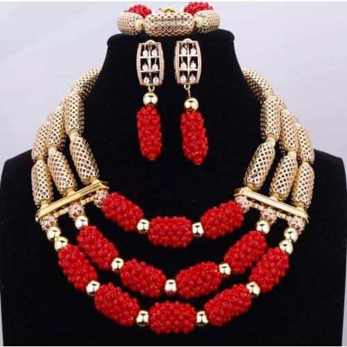 Fabulous Red New Gold Fashion Jewelry Set Three Layers Crystal Nigerian Beads Necklaces Earring Bracelet Jewelry Sets For Women