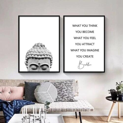 Zen Buddha Head Statue Poster Motivational Quotes Canvas Painting Minimalist Wall Art Black and White Picture Home Decor