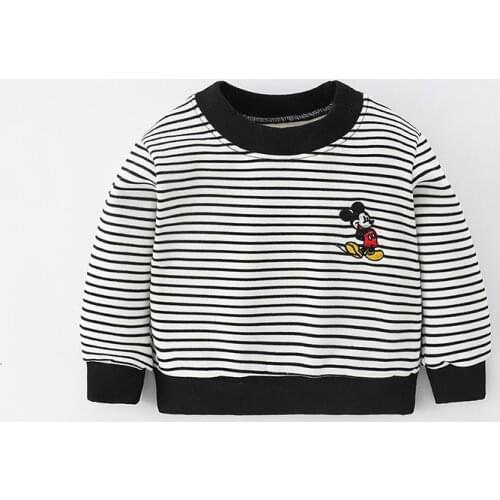 Disney Mickey Kids Sweatshirt Spring Autumn Plus Velvet Sweater Cotton Baby Boys Girls Long Sleeve Bottom Shirts Toddler Clothes