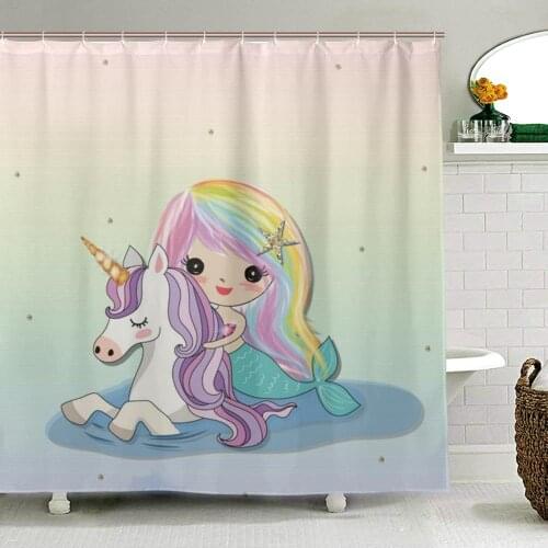 Mermaid and Unicorn Printed Bath Curtains Waterproof Polyester Fabric Washable Shower Curtain Cartoon Bathroom Curtain with Hook