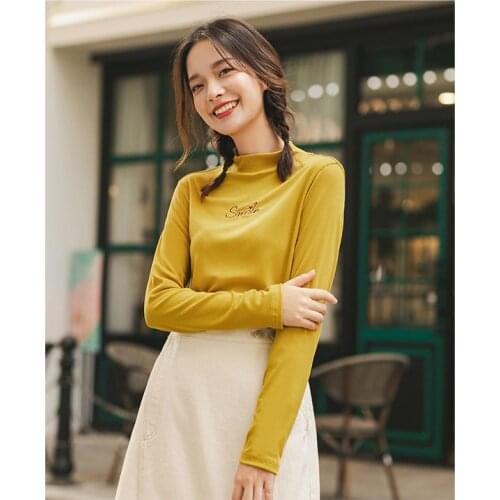 INMAN Autumn Winter Womens Basic T-Shirt Solid Color Elastic Cotton Letter Embroidered Stand Collar Thin Bottomed Versatile Top