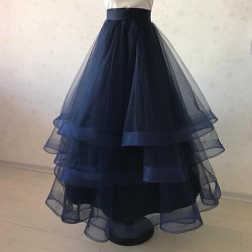 Organza Navy Blue Ruffles Long Women Skirts 2019 Real Image Ruched Bridal Skirt Zipper Custom Made Faldas Mujer Moda