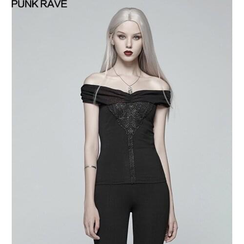 Punk Rave Women T-shirt Gothic Off-shoulder Retro Party Sexy Short Black T-shirt Personality Tops for Women