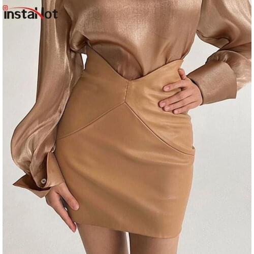 InstaHot Women Leather Skirt High Waist Solid Elegant Vintage Casual Slim Asymmetric Waist Mini Skirt 2020 Fashion Streetwear