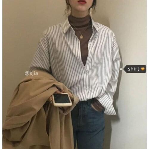 Women Shirt Blouse Autumn Spring Summer Simple Striprd Black White Shirt Long Sleeve Casual Loose Tops Ladies Plus Size 2021