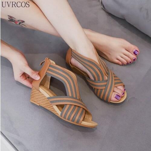 Slope Sandals Ladies Mid-heel 2021 Summer New Style European Fashion Casual Bag Zipper Roman Shoes Ladies All-match Shoes