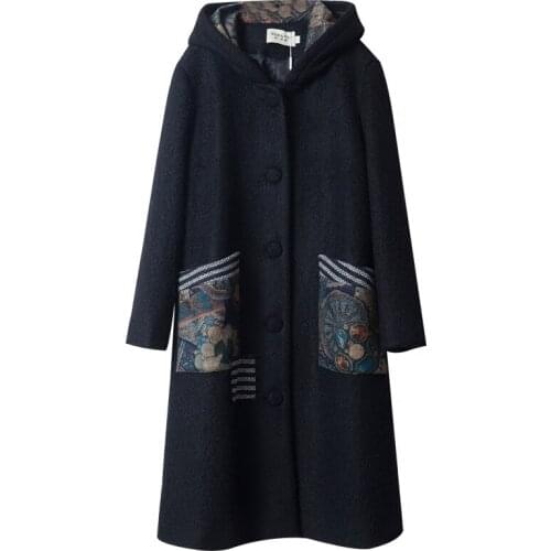 Woolen overcoat women mid-length literary artistic casual loose printing large size hooded thick warm autumn winter outwear D341