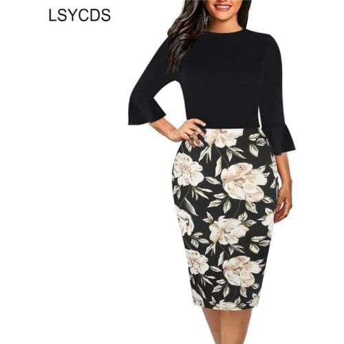 LSYCDS 2020 Spring Womens Dress Elegant Flare Sleeve Knee Length Patchwork Pencil Dress Vintage Casual Party Office Dress Robe