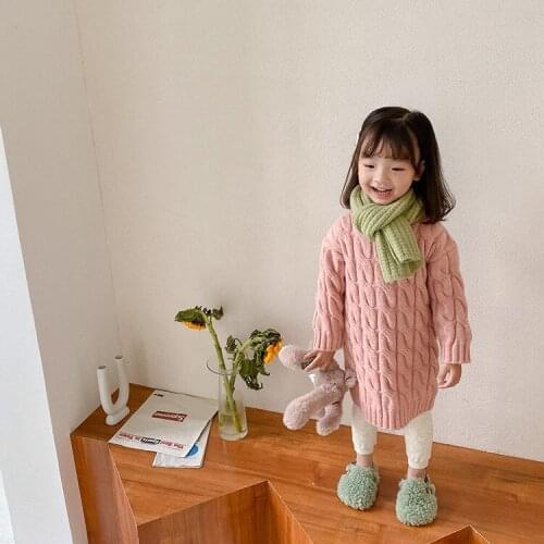 Winter cute baby girls warm knitted twisted long sweaters 2020 kids solid color casual base sweater