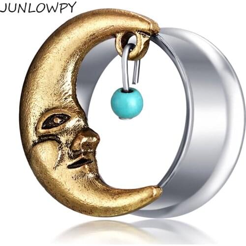 JUNLOWPY Double Flared Moon Fit Flesh Tunnel Ear Piercing Plugs Stretchers Earrings Expanders Stainless Steel Body Jewelry 50pcs