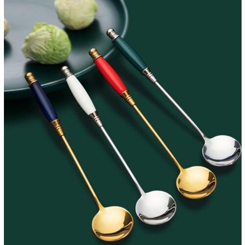 Antique Coffee Ceramic Short Handle Dessert Nordic Style Creative Cute Household Stainless Steel Mixing Spoon Vajilla Talheres