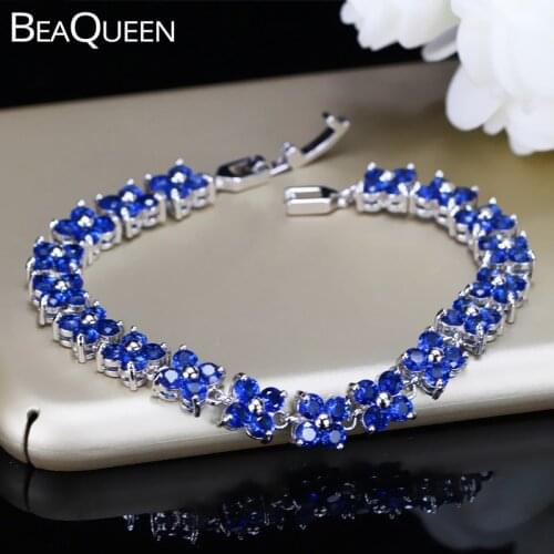 BeaQueen Summer Four Leaf Clover Flower Fashion Jewelry Dark Blue Cubic Zirconia Stone Cute Tennis Bracelets for Women B069