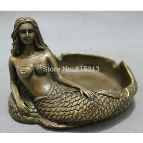 Bi0011691 Chinese Bronze Copper Folk Myth Belle Mermaid Sea-maid Fish Statue Ashtray