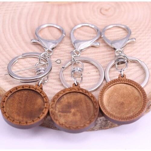Reidgaller 2pcs fit 25mm round wood cabochon keychain base settings metal blank key chain bezel diy keyring accessories