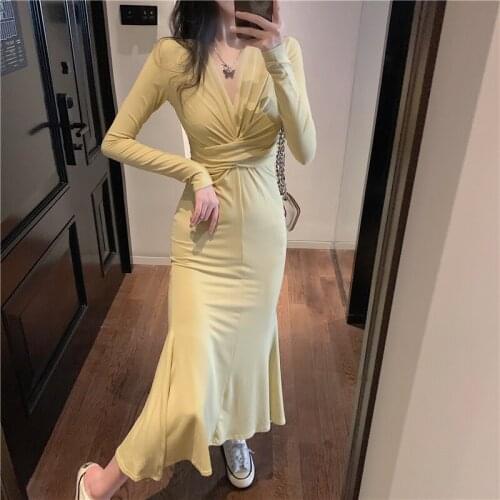 Elegant Solid Long-Sleeved V-Neck Summer Pencil Long Dress Women Slim Bodycon Office Lady Bag Hip Fishtail Dresses