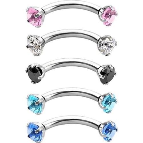 Curved Eyebrow Ring Clear CZ Gem 3mm Round Zircon Internally Threaded Nail Stainless Steel Bending Body Jewelry 16G hip hop