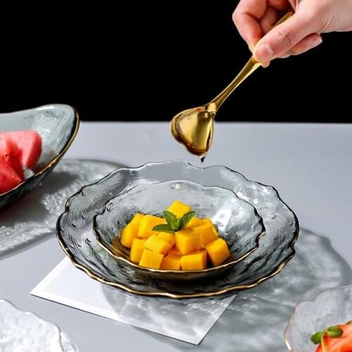 Creative Gray Crystal Glass Fruit Plate Electroplating Golden Border Dessert Dessert Plate Pastry Salad Plate Kitchen Utensils