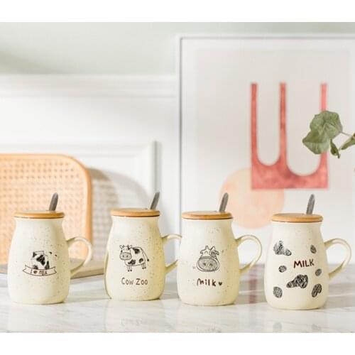 Graffiti Cow Mug Cute Couple Cartoon Water Bottle with Cover and Spoon Ceramic Made Household Breakfast Milk Coffee Cup