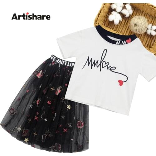 Girls Summer Clothes Letter Tshirt + Mesh Skirt Tracksuits For Girls 2021 New Costumes For Girls Sequin Tracksuits For Children