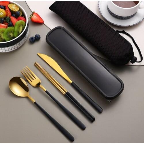 4Pcs/set Camping Tableware Set Reusable Travel Cutlery Set Portable Case Stainless Steel Spoon Fork Chopsticks with Gift Box