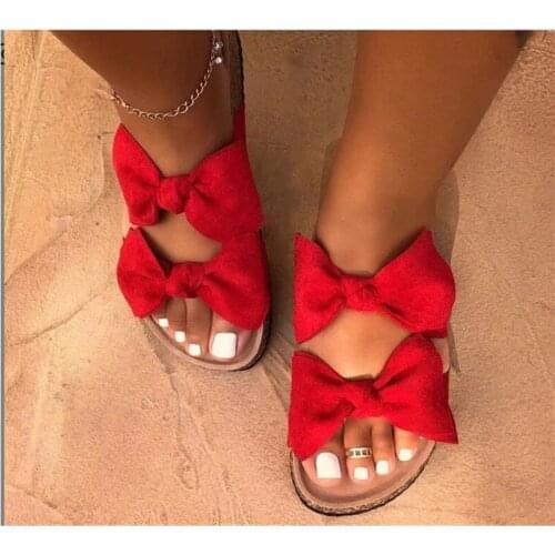 2021 New womens shoes, womens sandals, bowknot, flat-bottomed womens slippers, large size 40-43