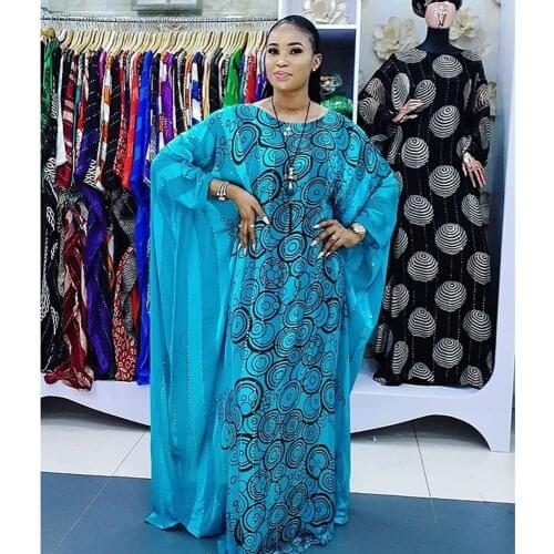 New Arrival 2020 Autumn African Clothes For Women Batwing Sleeve Round Collar Diamonds Stripe Dot Print Femme Maxi Dress Elegant