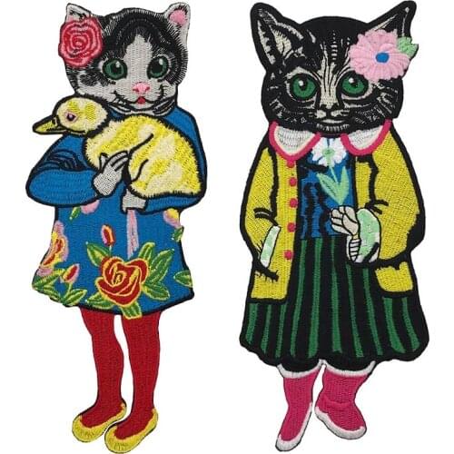 New Popular Cute Holding a Duck Cat Girl Embroidery Patches Iron on Applique Stickers For Clothes Jacket DIY Accessories