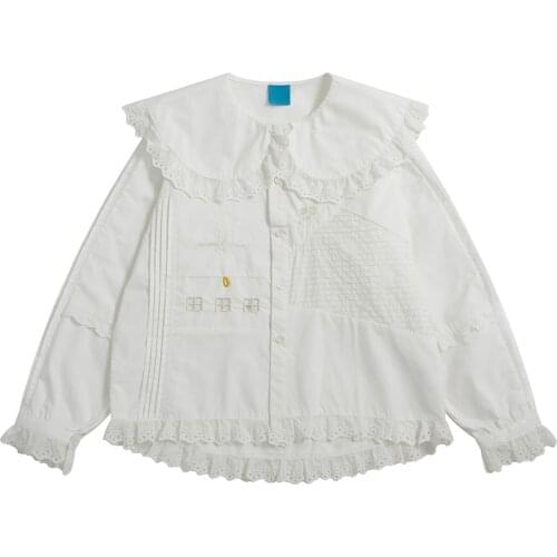 New White Lace Top Doll Collar Embroidery Stitching Shirt Womens Long Sleeves Suitable For Teenage Girls