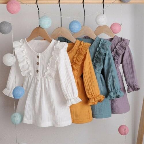 2020 NEW Spring Autumn Baby Girl Dress Ruffle Long Sleeve Cotton Linen Party Casual Dresses 1-6 Years Toddler Kids Clothes