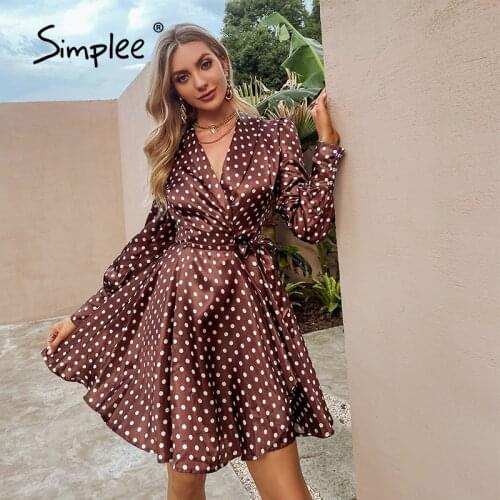 Simplee Elegant polka dot v-neck lantern sleeves wrap women party dress Office A-line lace up mini dresses Female split vestidos