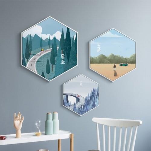Nordic seasons animate landscape hexagon canvas painting posters and print no frame wall art pictures for living room bedroom