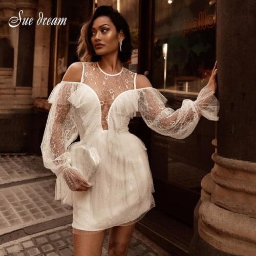 Sexy Off Shoulder Long Sleeve Chic White Mini Dress Ruffled Lace Design Celebrity Party Club Bandage Vestido Free Shipping