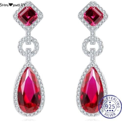 Shipei Vintage 925 Sterling Silver Ruby Water Drop Gemstone Drop Dangle Earrings For Women Wedding Engagement Fine Jewelry