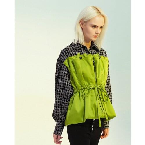 Stylish Pockets Oversized Plover Grid Draw Cord Jacket Coat Women Fashion Lapel Collar Long Sleeve Loose Outerwear Chic Tops