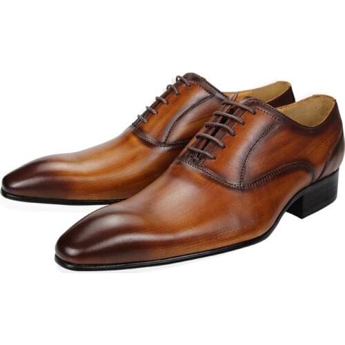 Mens Formal Dress Shoes Real Leather Handmade Luxury Oxford Square Toe Lace Up Office Wedding Shoes for Men